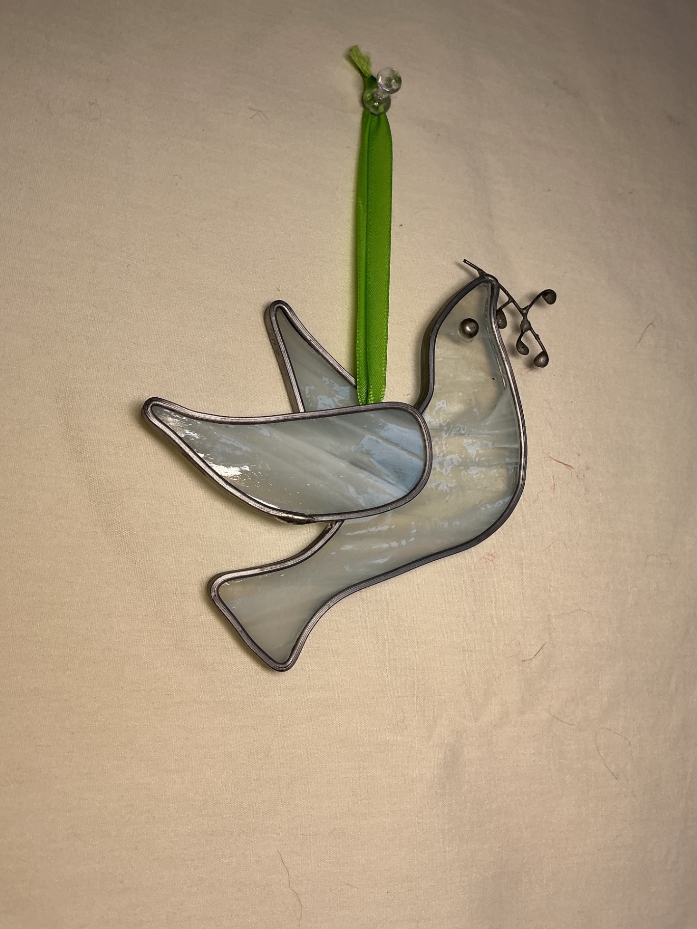 Glass Ship-in-a-bottle glass display with Santa Maria plaque and hanging stained-glass dove. - image 3 of 3
