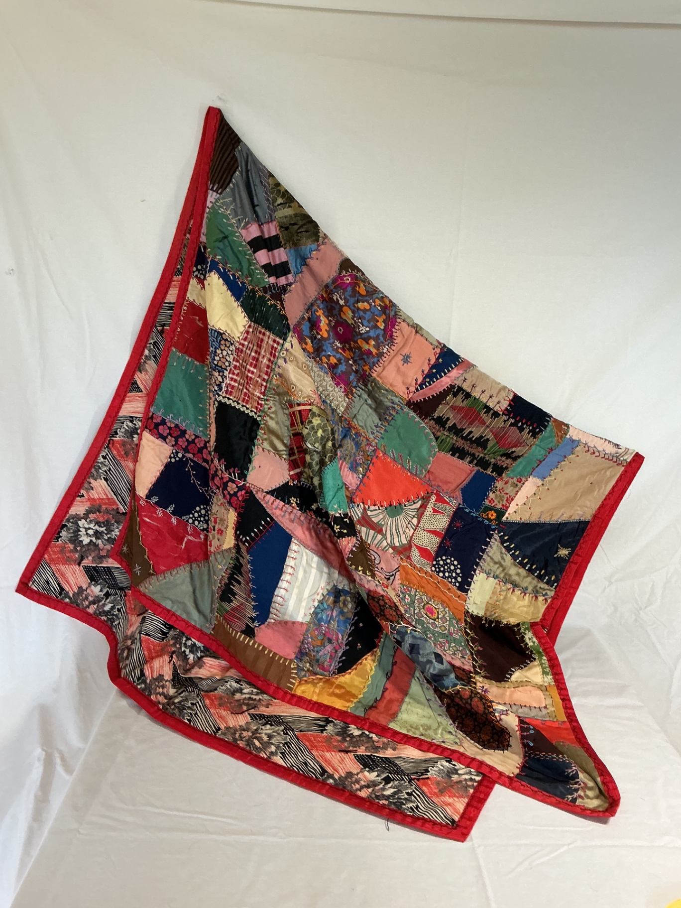 Antique silk patchwork quilt with embroidery. - image 1 of 14