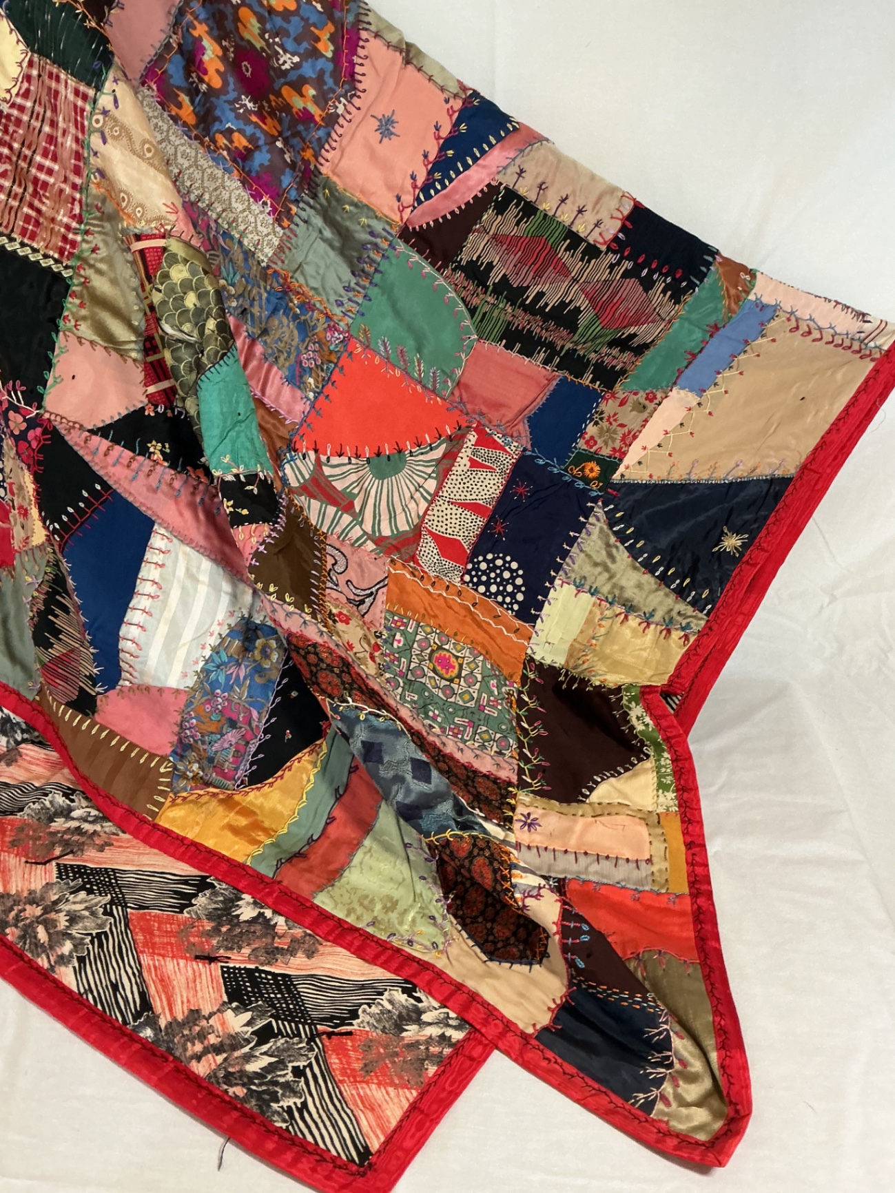Antique silk patchwork quilt with embroidery. - image 3 of 14