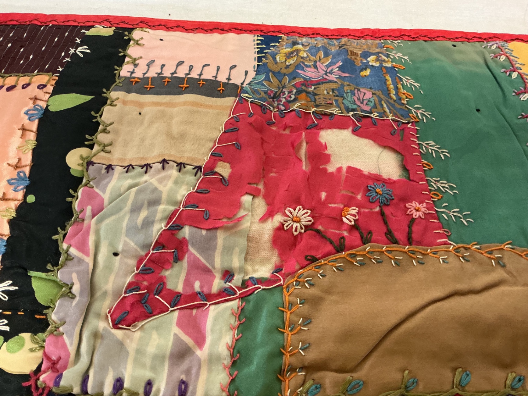 Antique silk patchwork quilt with embroidery. - image 6 of 14