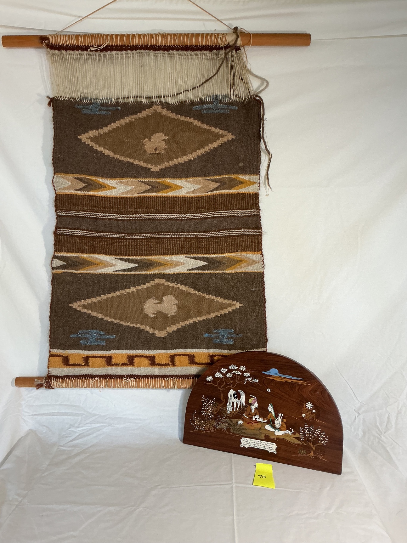 Vintage Woven wall hanging & rosewood inlay plaque from India. - image 1 of 6