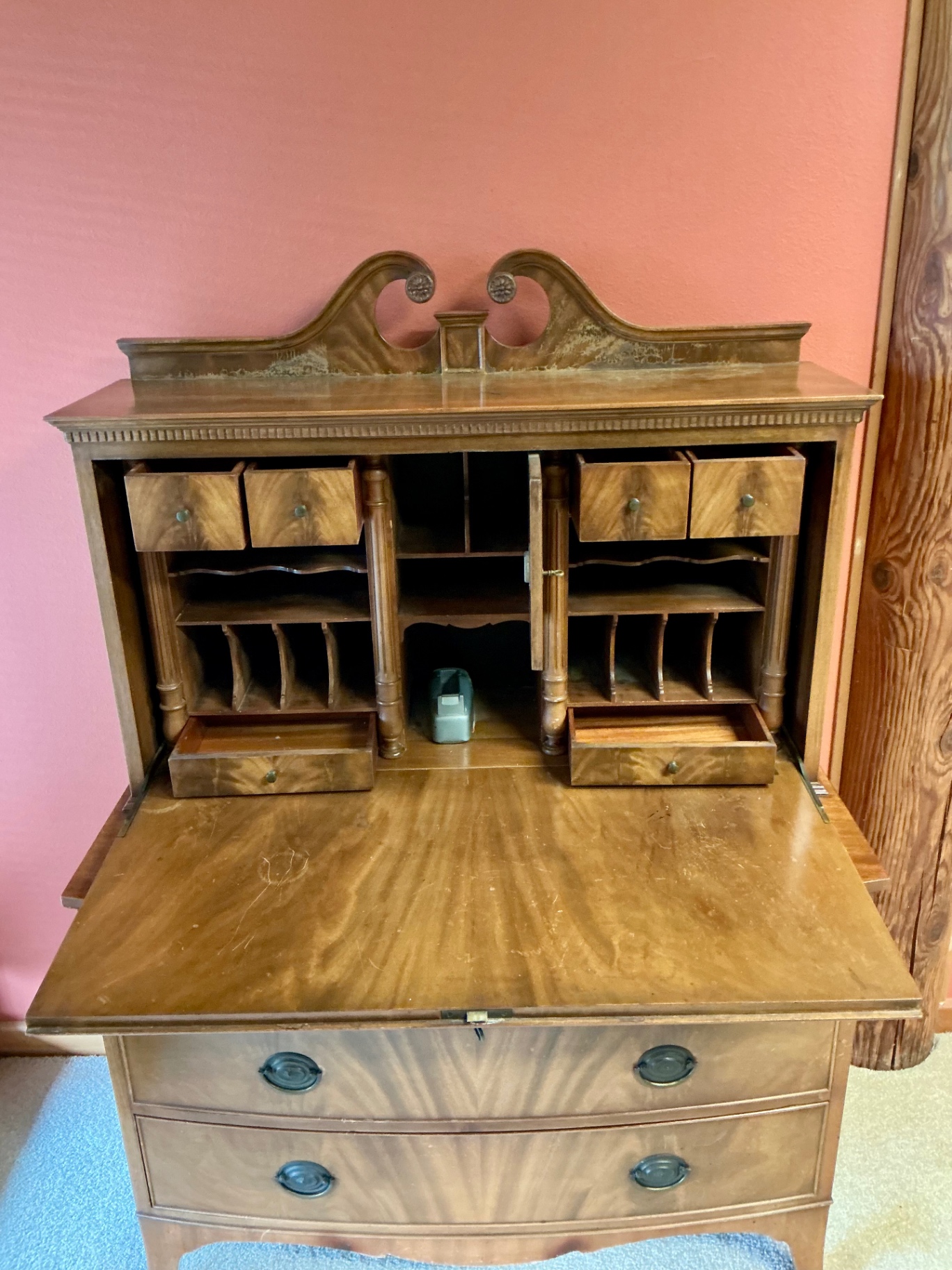 Antique wooden secretary desk with upper cabinet and interior pigeonholes - image 4 of 5