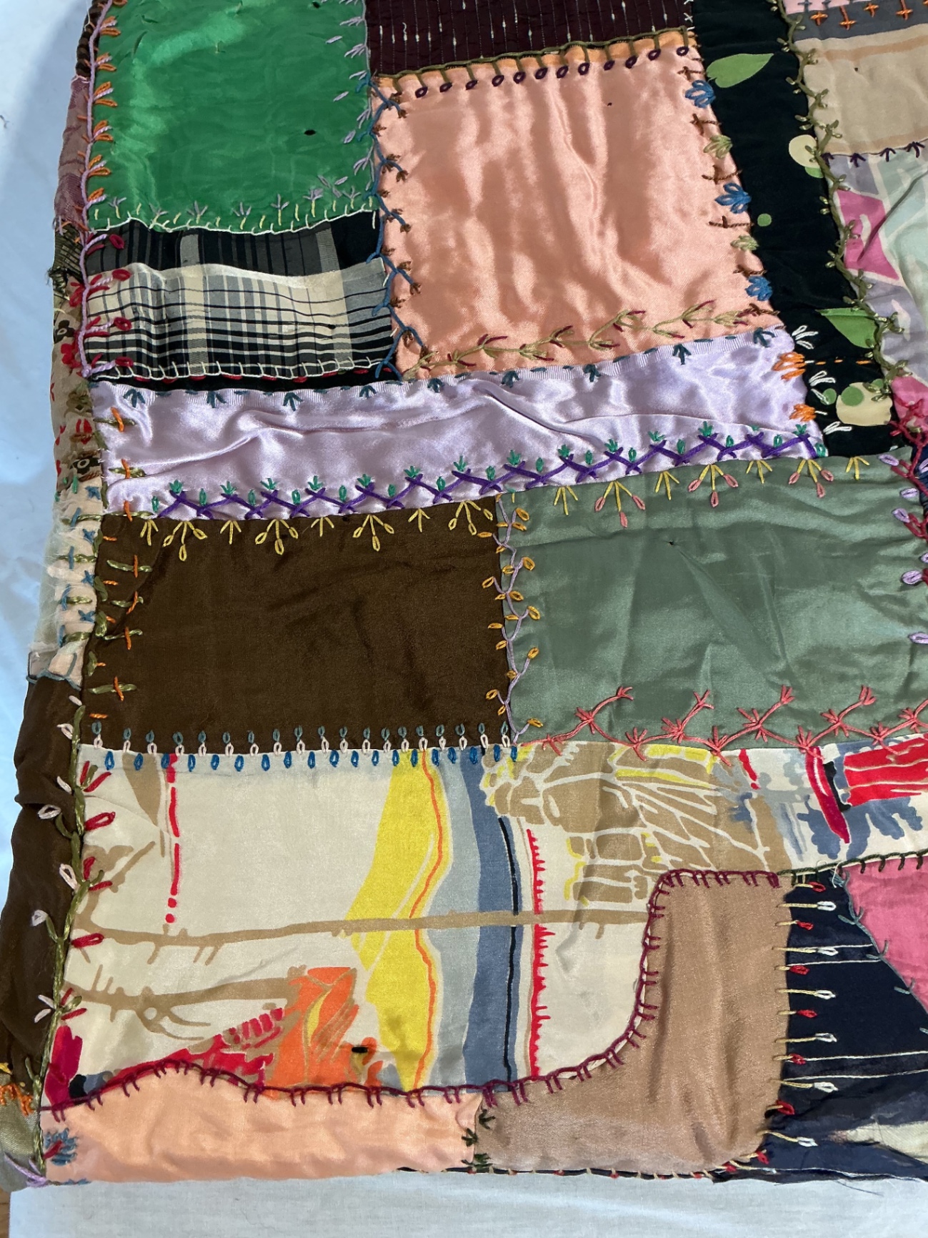 Antique silk patchwork quilt with embroidery. - image 8 of 14