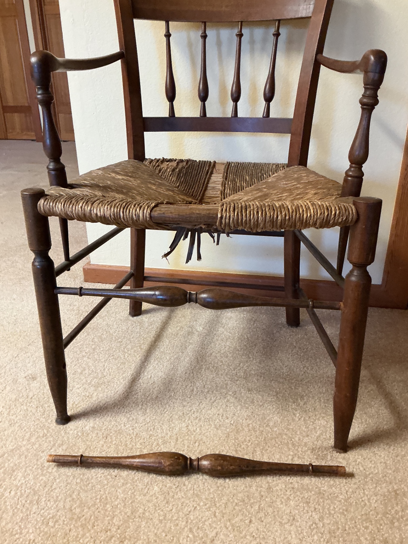 Antique 19th Century Wooden spindle-back chair with woven seat< AS IS - image 2 of 3