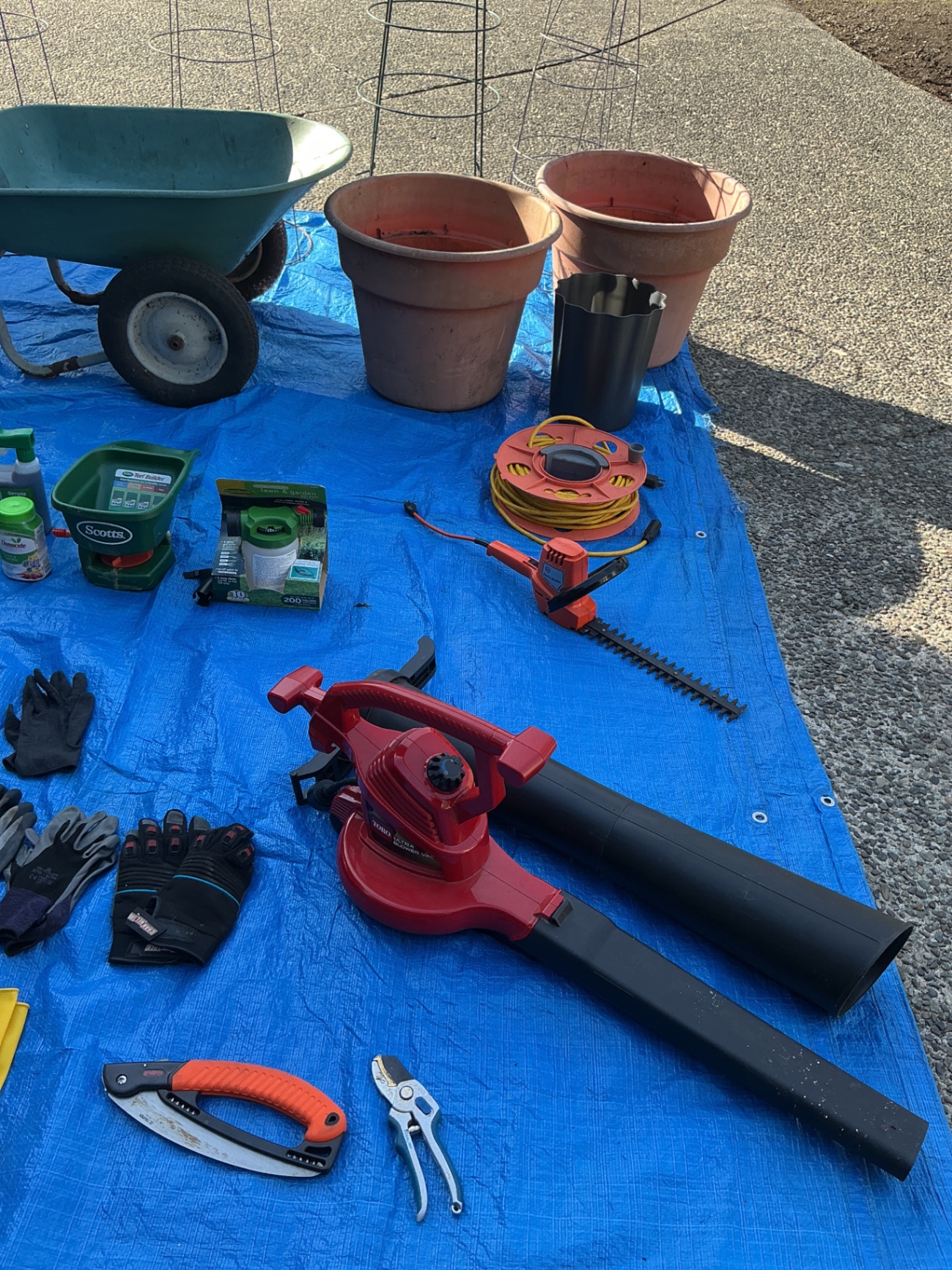 Gardening tools and equipment with wheelbarrow and pots - image 3 of 8