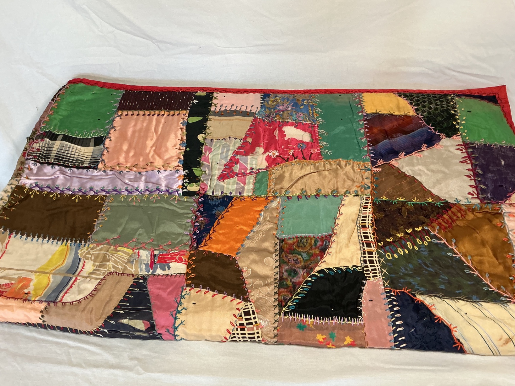 Antique silk patchwork quilt with embroidery. - image 5 of 14