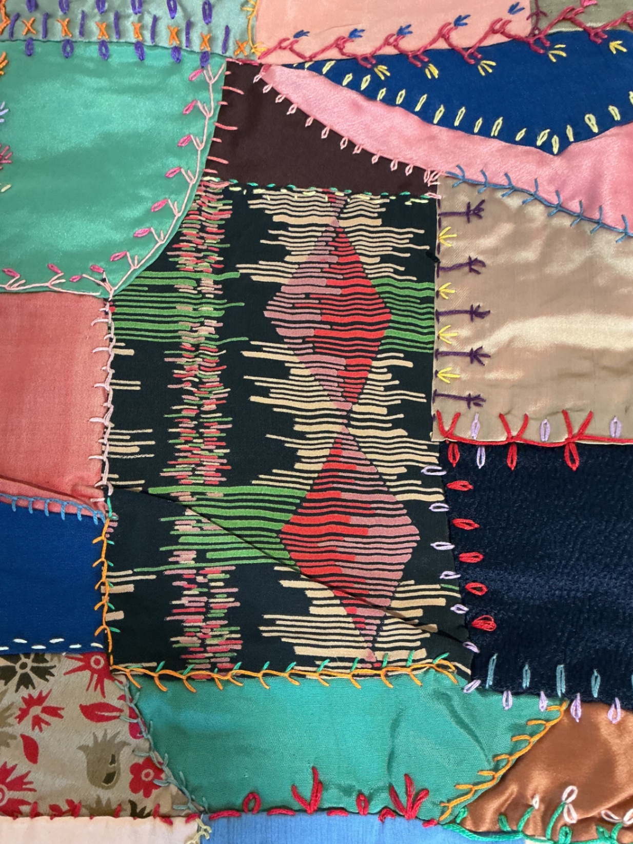 Antique silk patchwork quilt with embroidery. - image 13 of 14