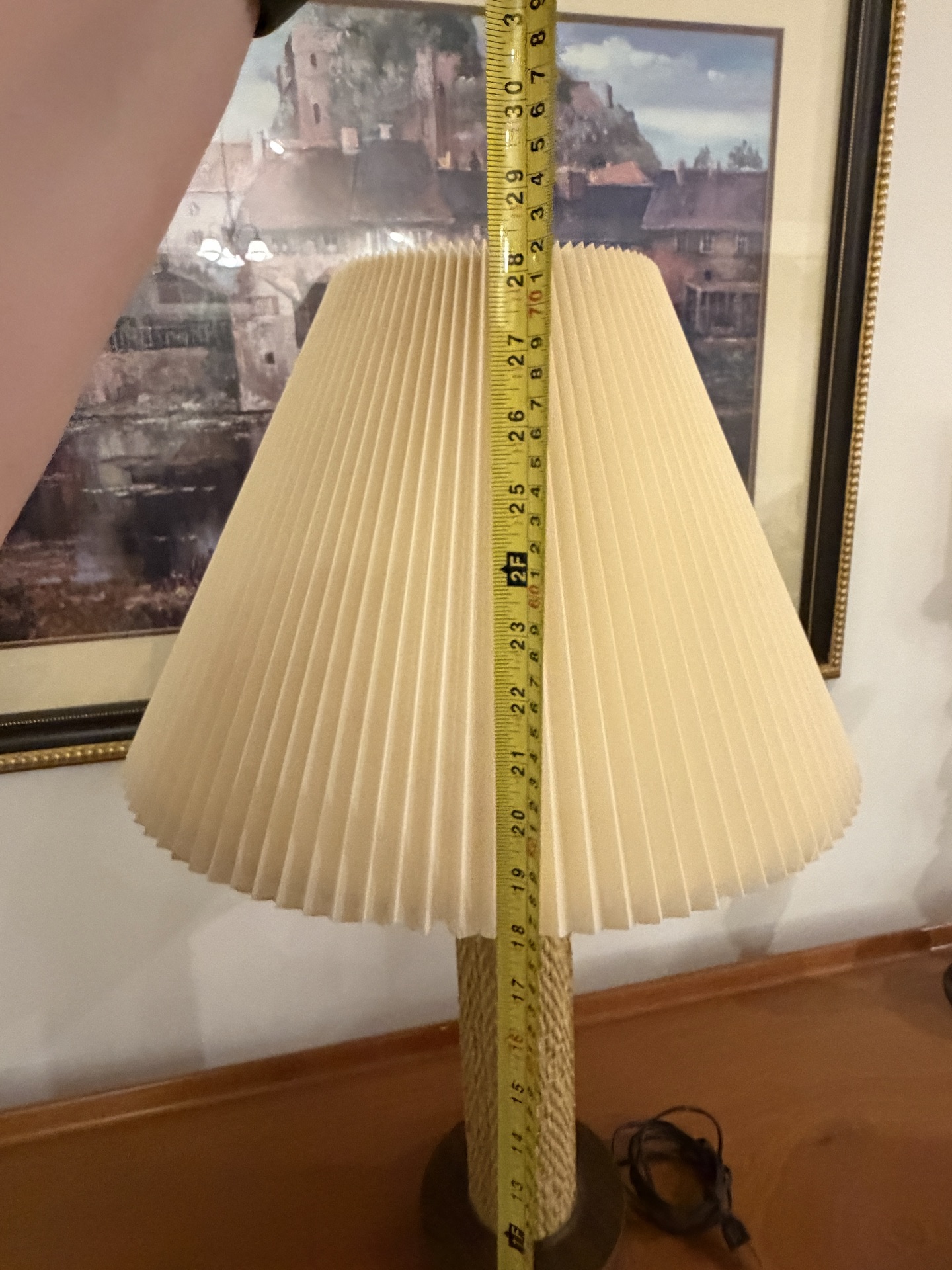 mid-century modern style table lamp featuring a textured, woven base - image 3 of 3