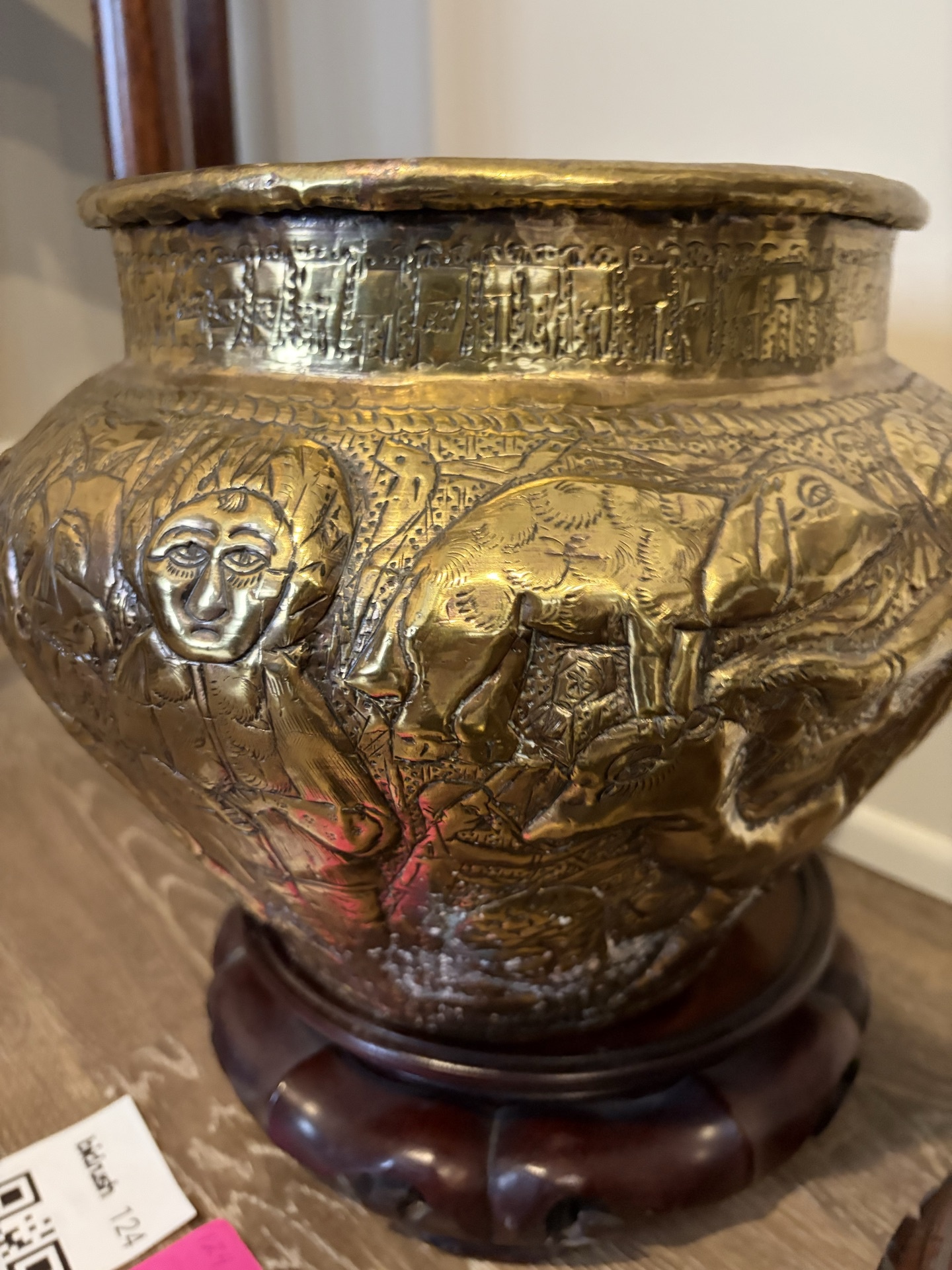 Ornate Brass Planter on Wooden Stand - image 2 of 6
