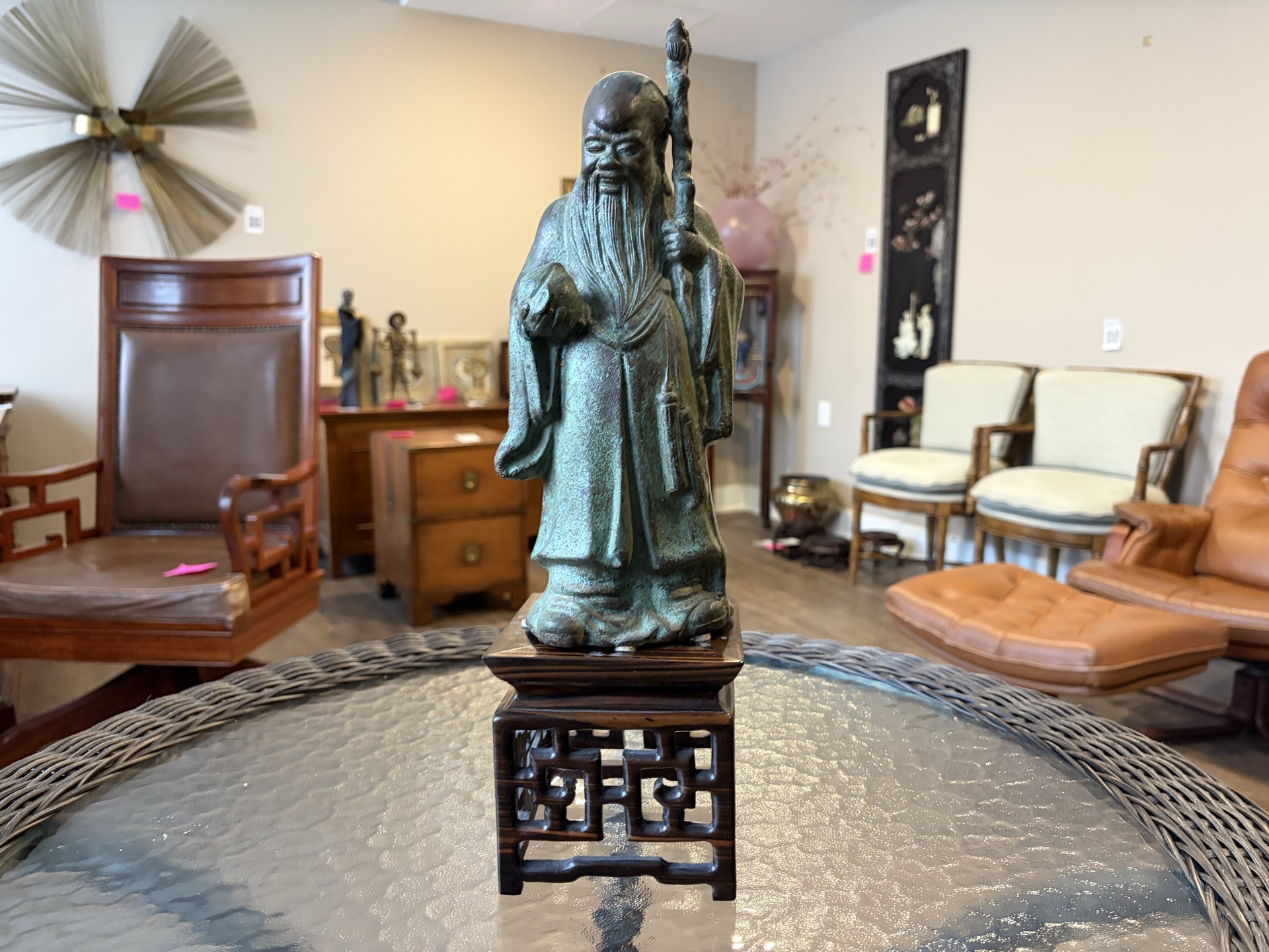 Chinese bronze figure of Shou Lao on carved wooden stand - image 1 of 9
