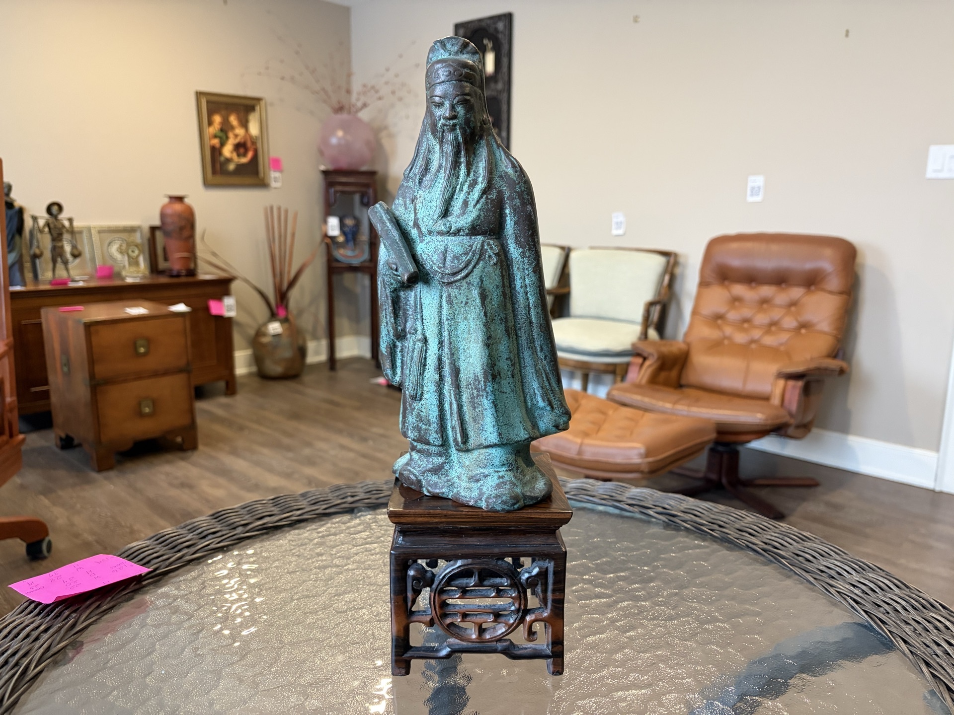 Bronze Chinese scholar with scroll on a carved wooden stand - image 1 of 11
