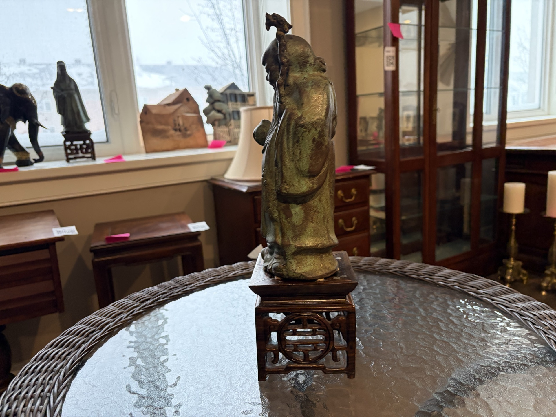 Chinese bronze figure of Shou Lao on carved wooden stand - image 5 of 9