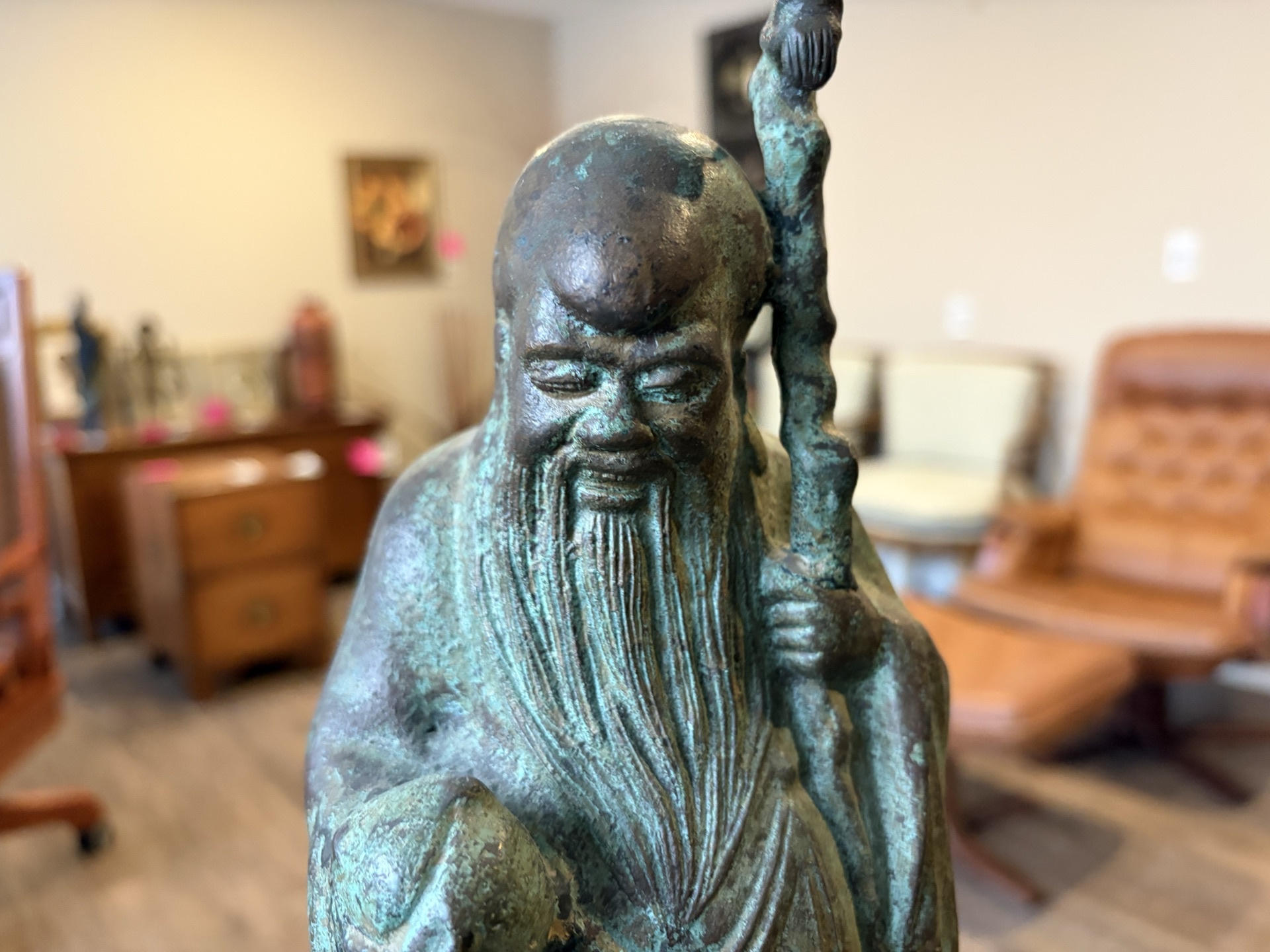Chinese bronze figure of Shou Lao on carved wooden stand - image 7 of 9
