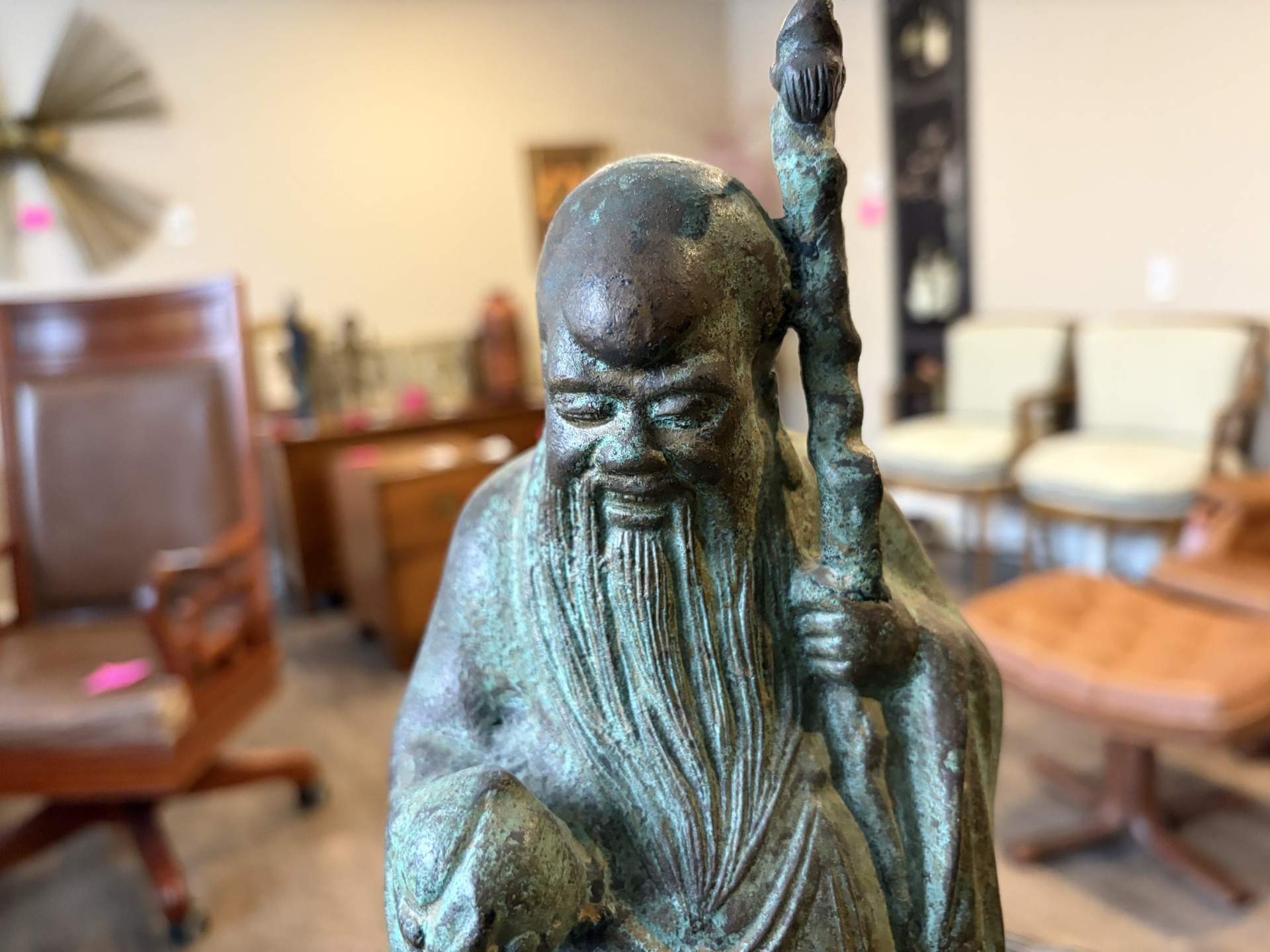 Chinese bronze figure of Shou Lao on carved wooden stand - image 4 of 9