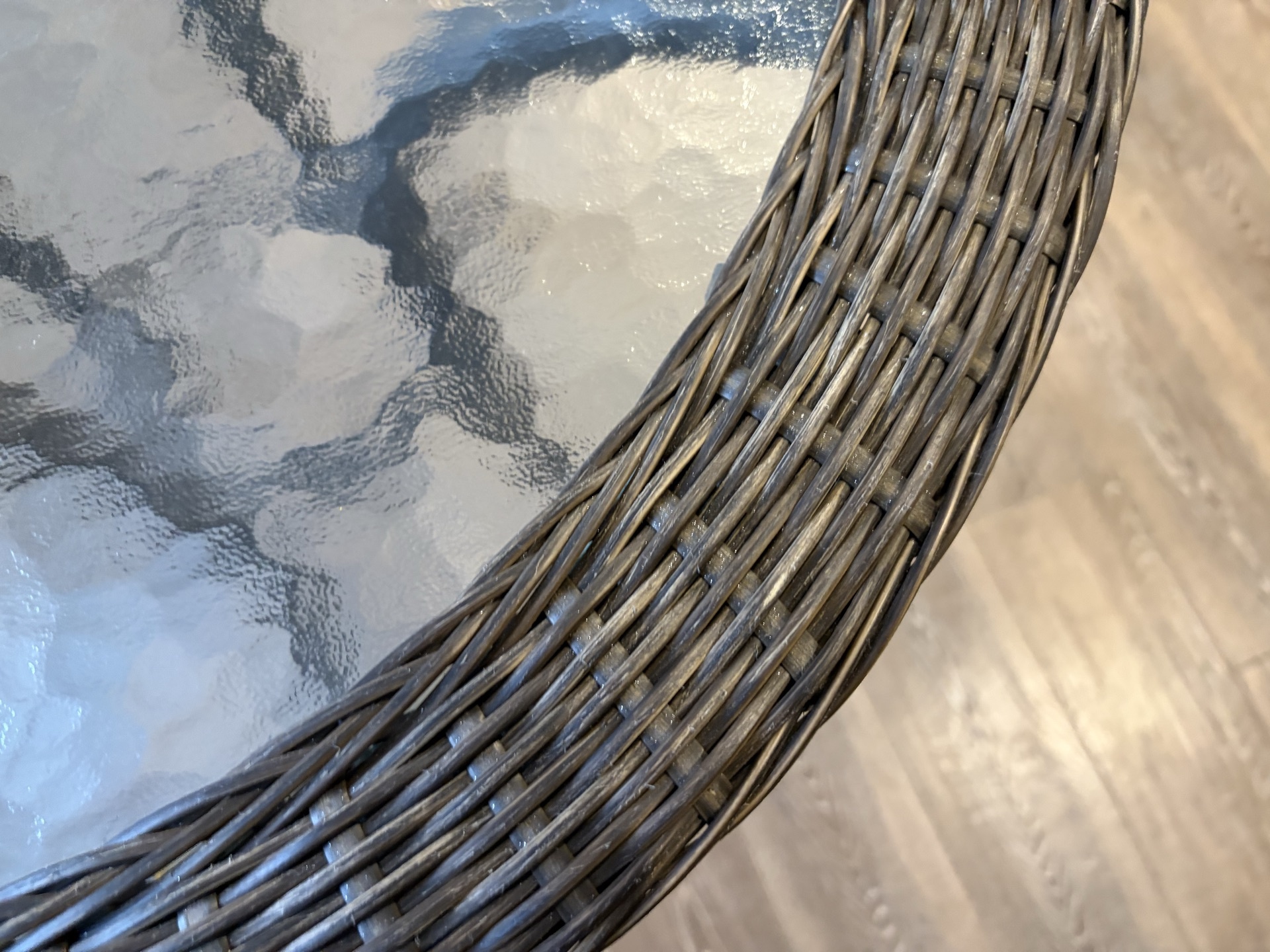 Round wicker-edge glass-top table with curved metal legs - image 3 of 4