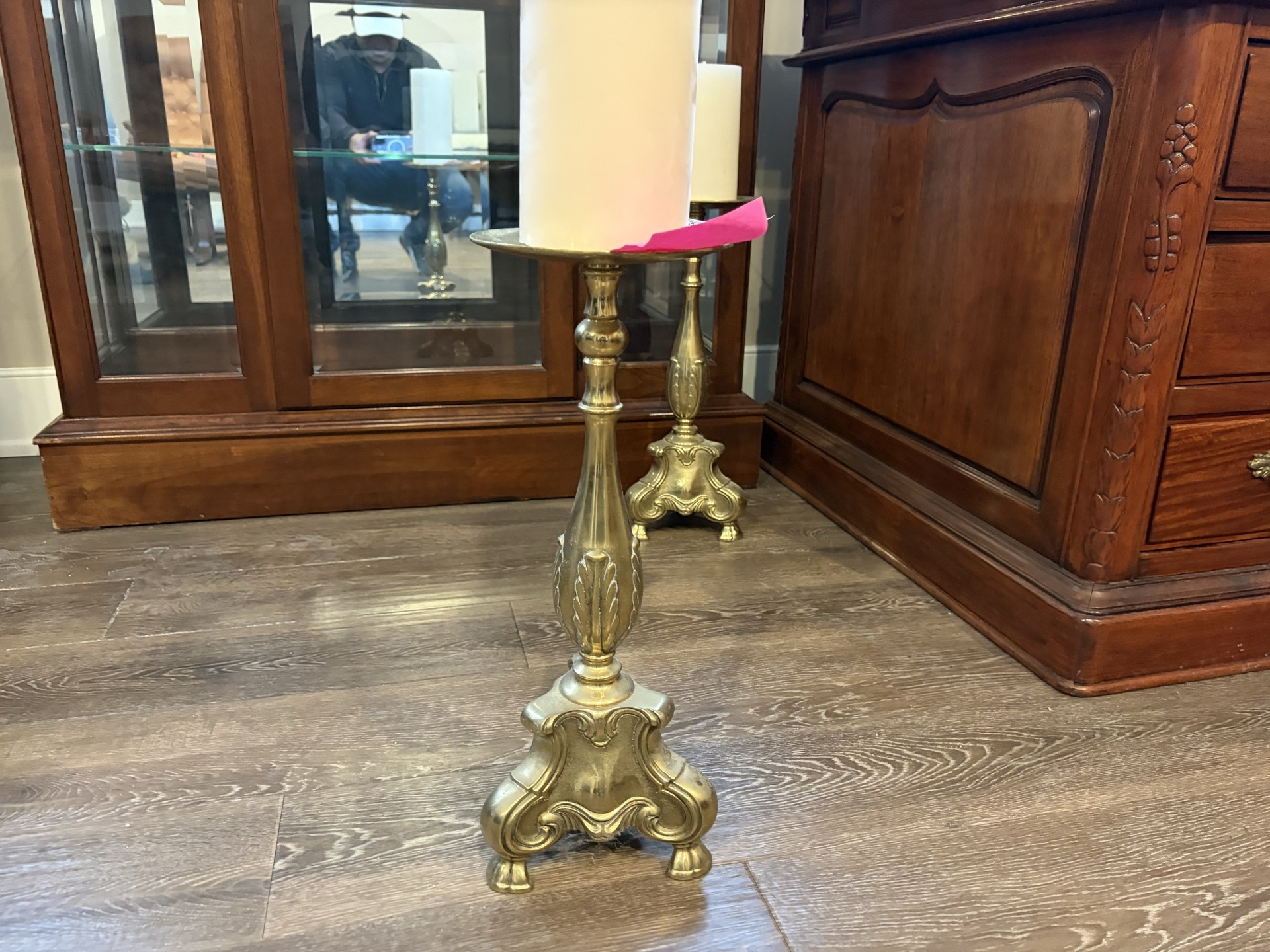 Pair of Ornate Brass Candlesticks with Candles - image 5 of 5