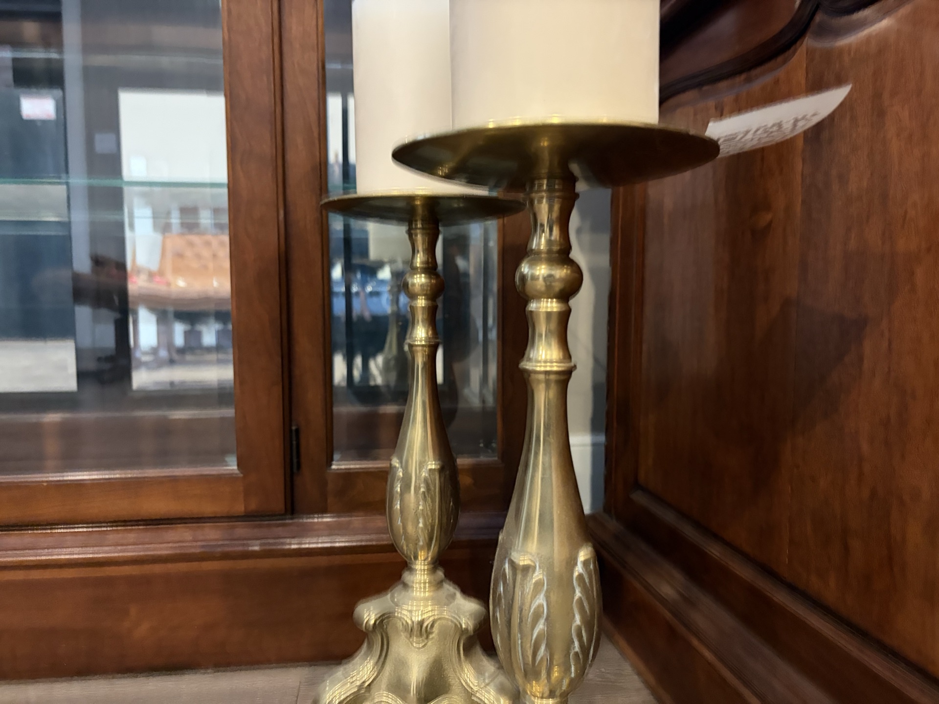 Pair of Ornate Brass Candlesticks with Candles - image 4 of 5