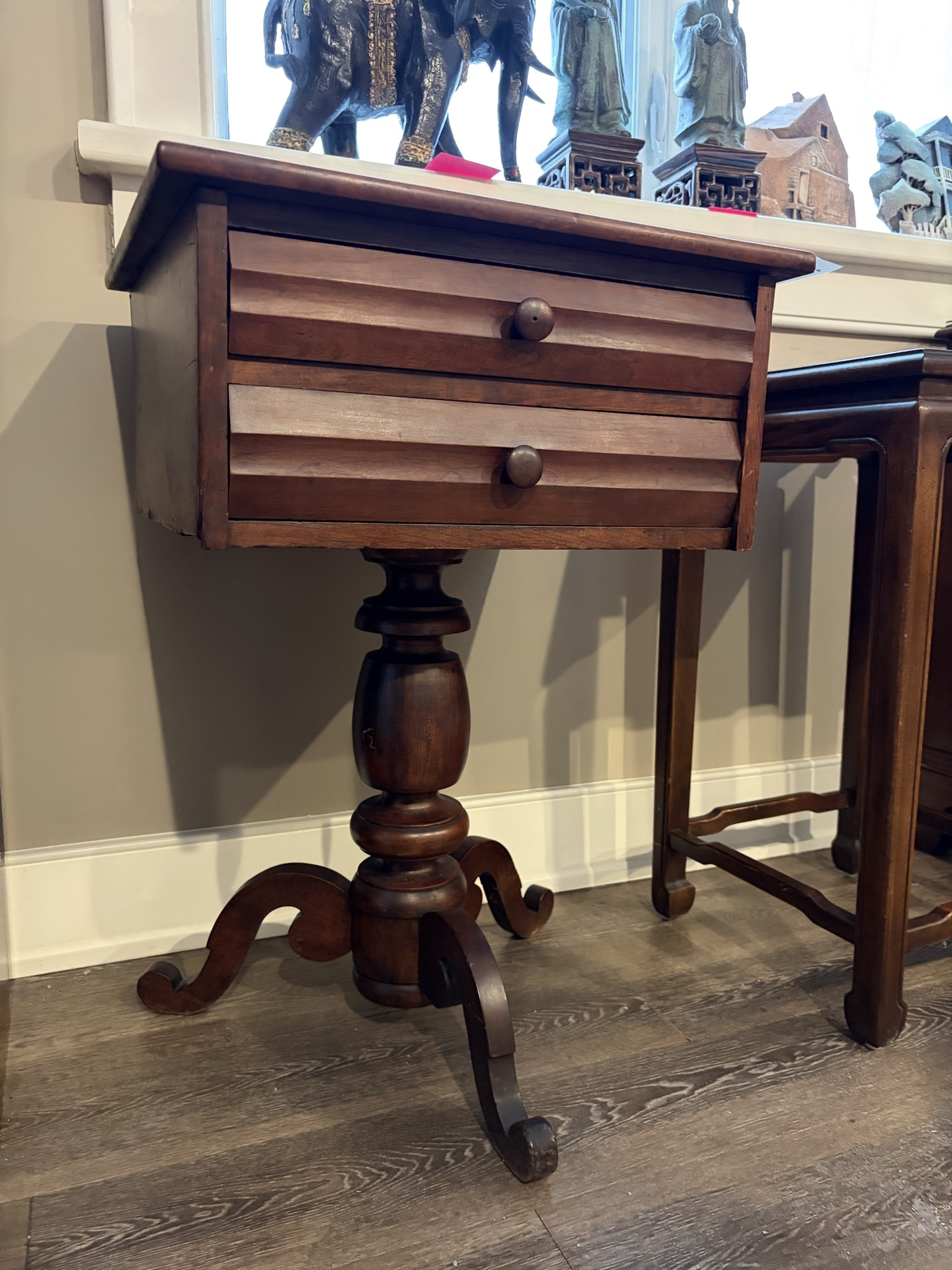 Antique dark wood console table with two drawers - image 1 of 7