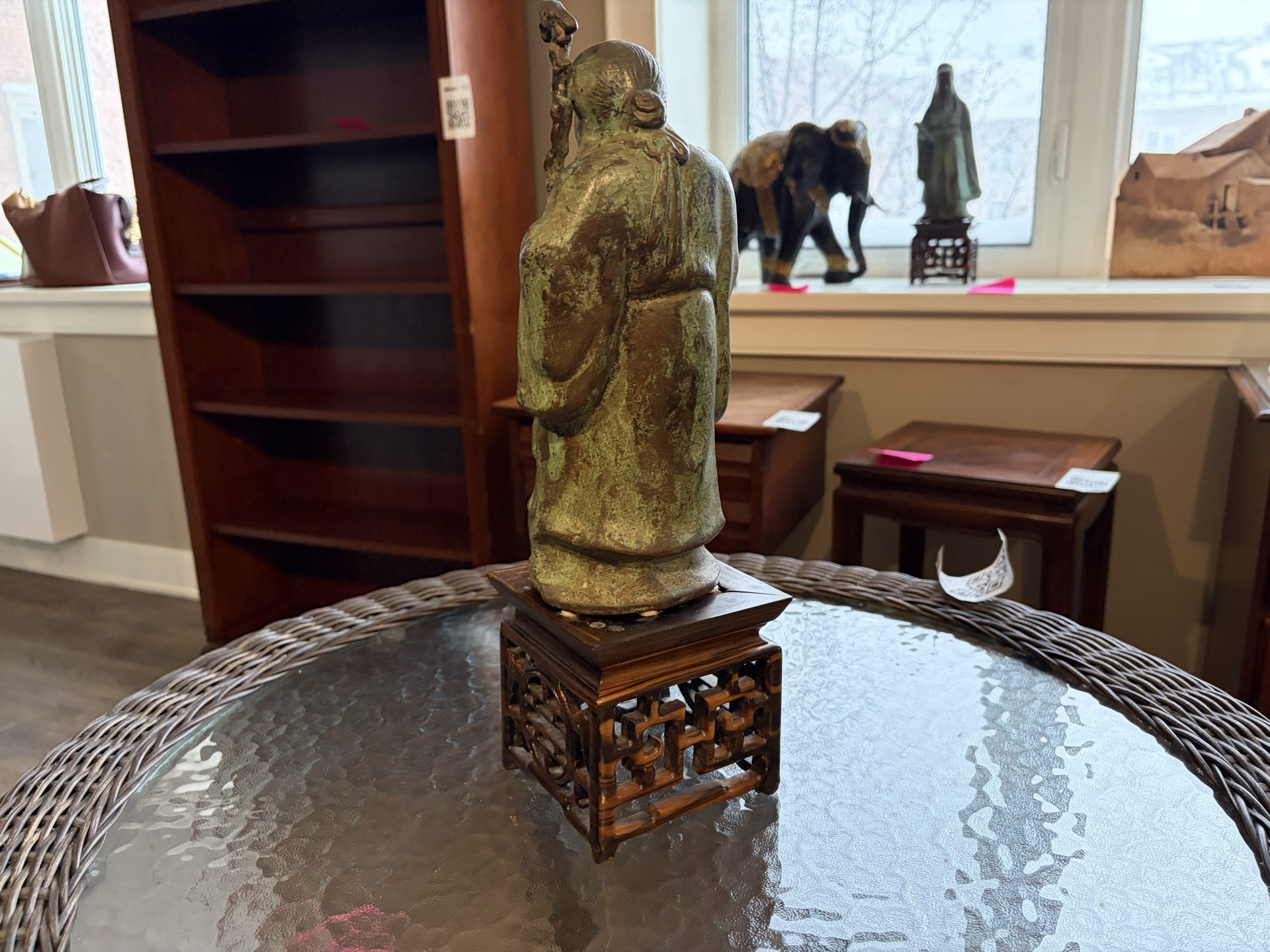 Chinese bronze figure of Shou Lao on carved wooden stand - image 6 of 9