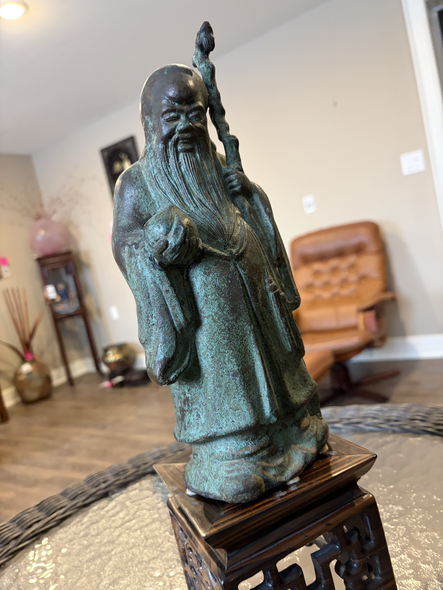 Chinese bronze figure of Shou Lao on carved wooden stand - image 8 of 9