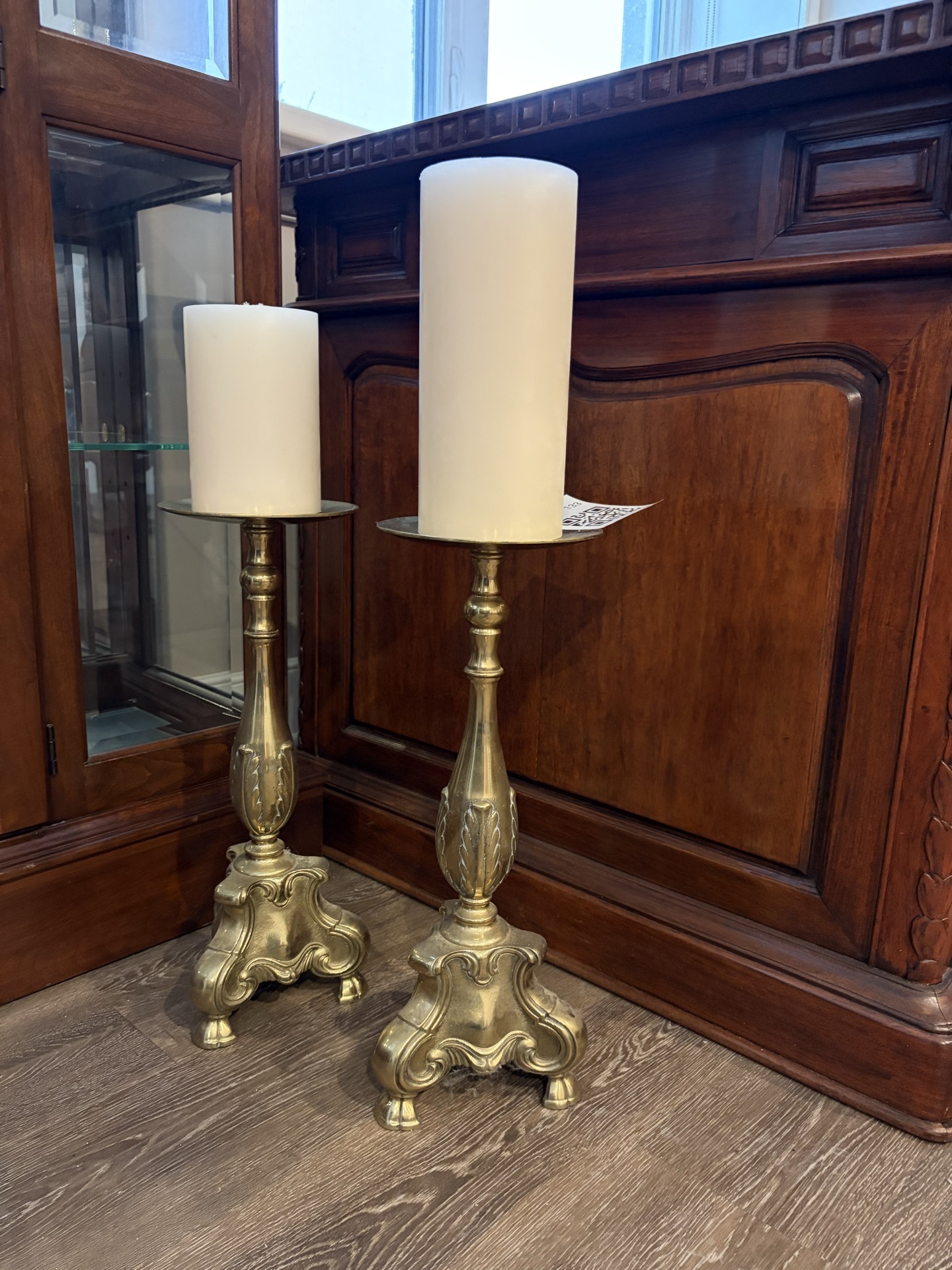 Pair of Ornate Brass Candlesticks with Candles - image 1 of 5