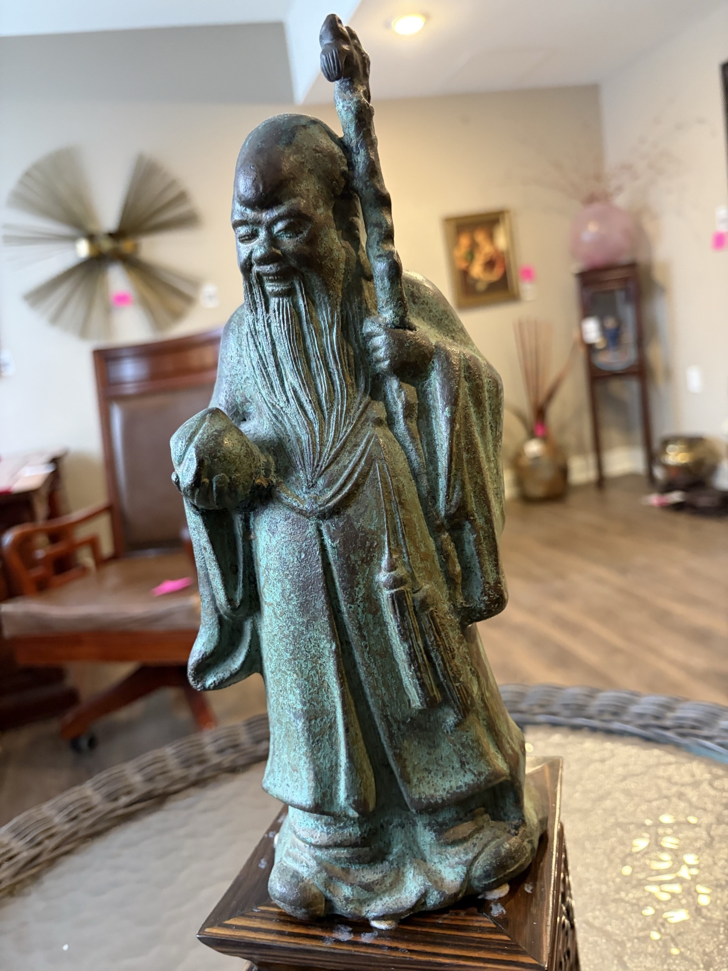 Chinese bronze figure of Shou Lao on carved wooden stand - image 3 of 9