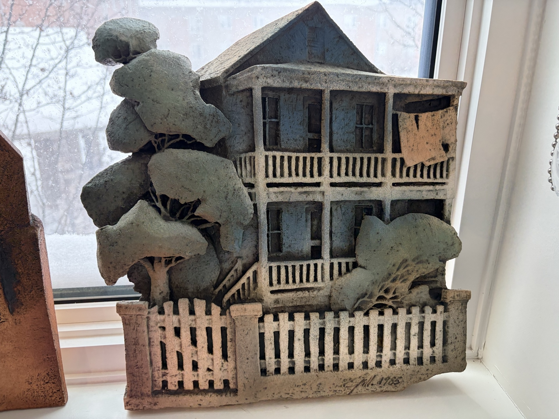Concrete sculpture of a two-story house with trees and fence (Gill, 1965) - image 1 of 5