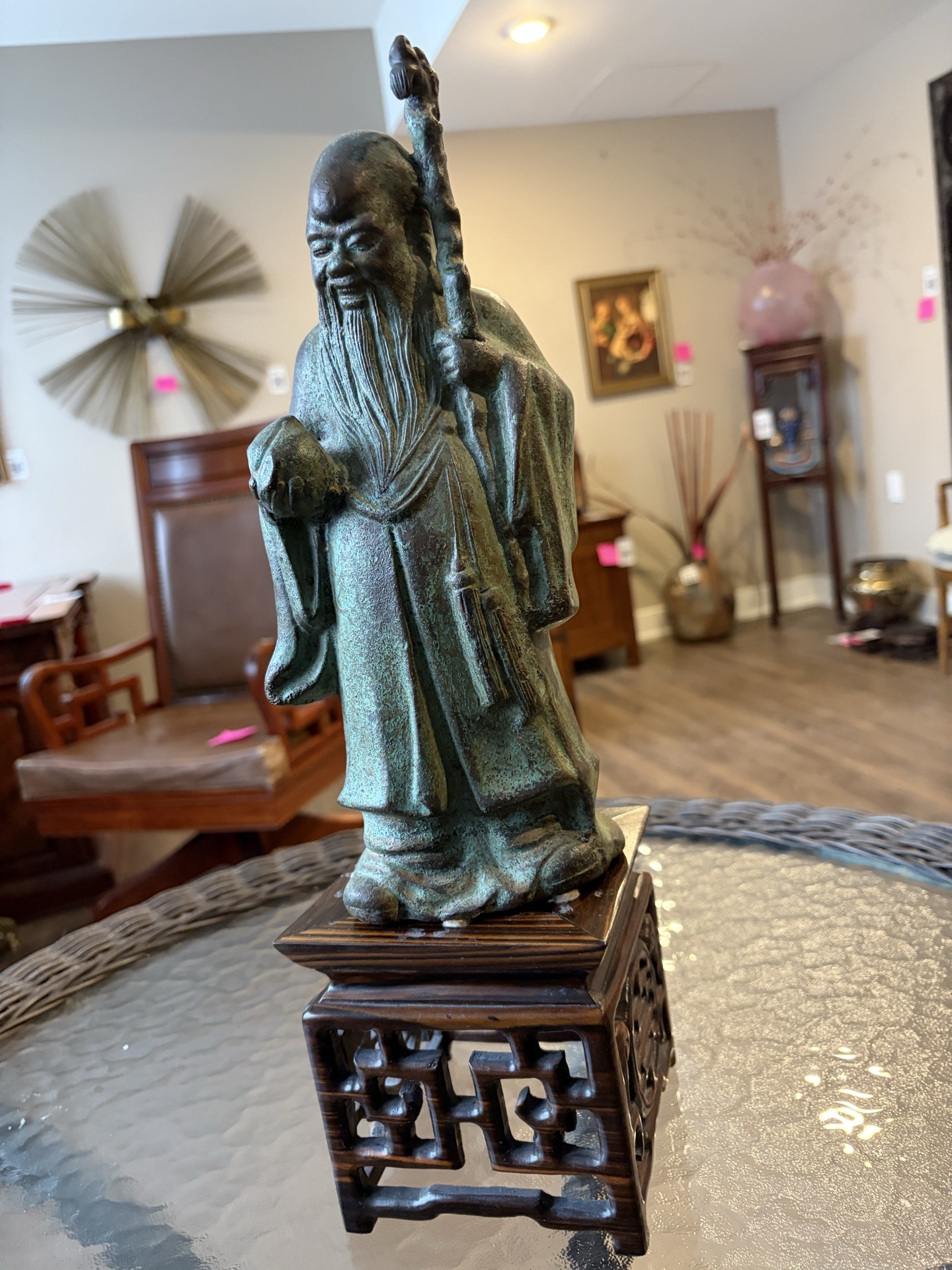 Chinese bronze figure of Shou Lao on carved wooden stand - image 2 of 9