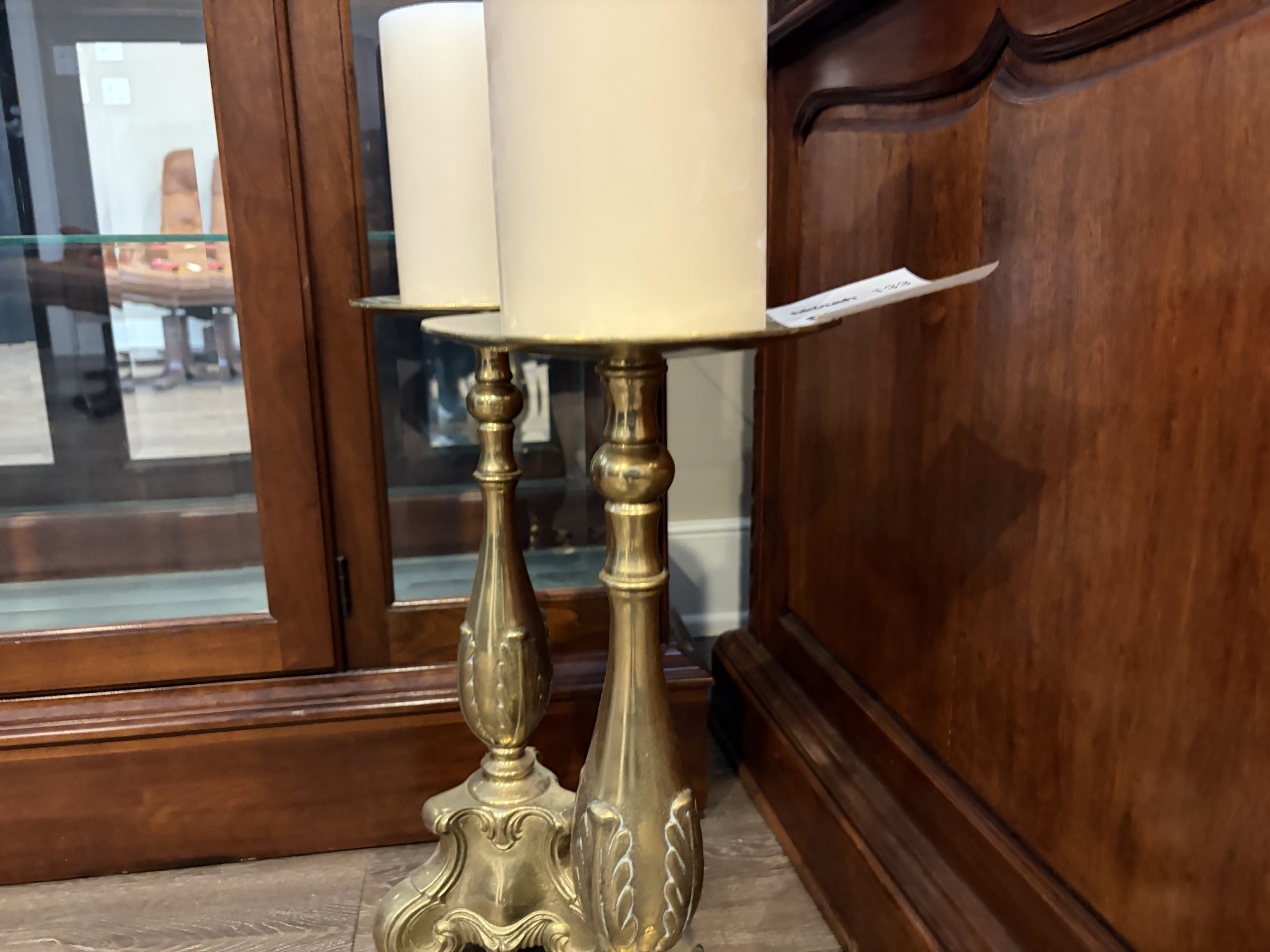Pair of Ornate Brass Candlesticks with Candles - image 3 of 5