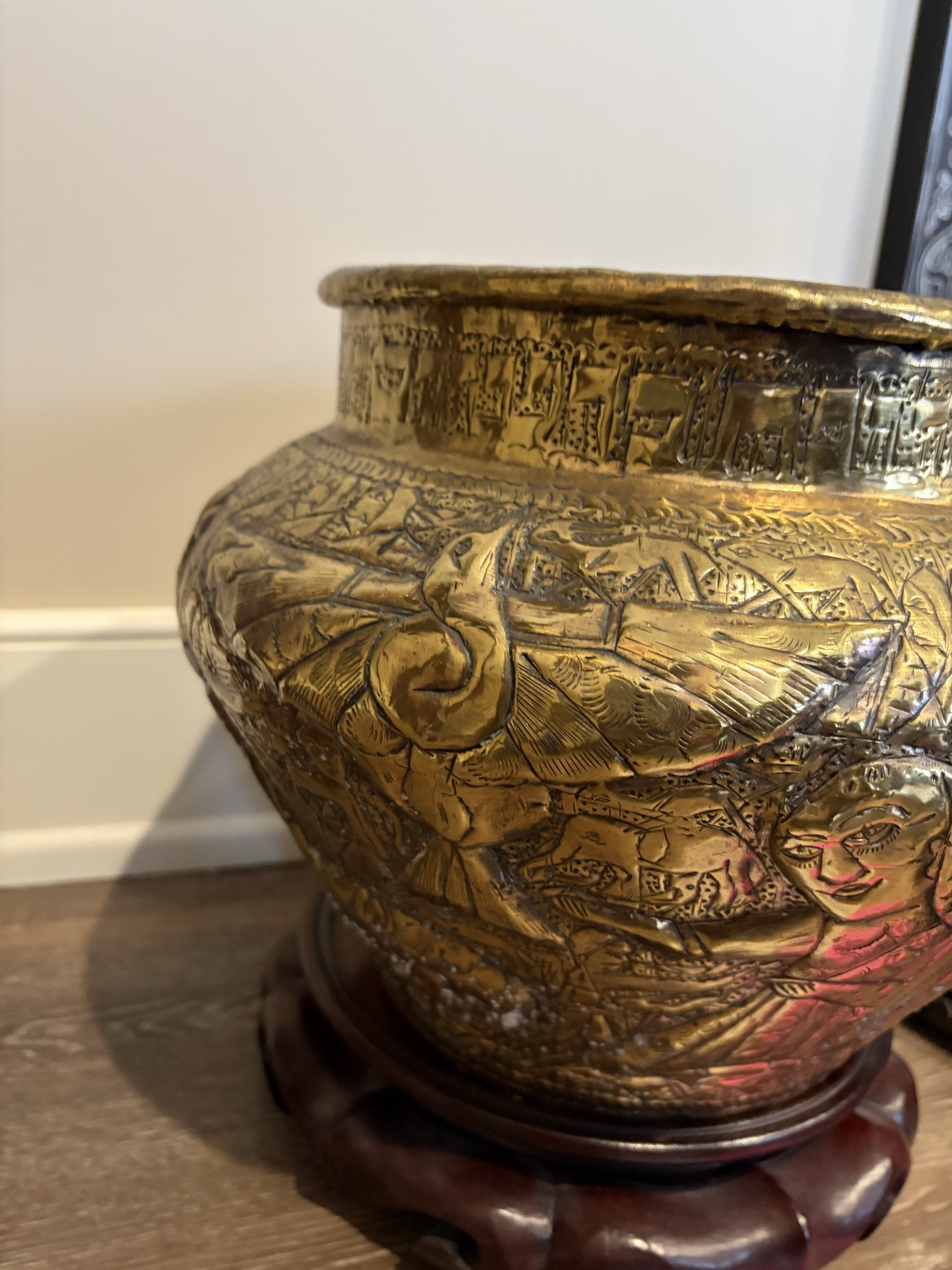 Ornate Brass Planter on Wooden Stand - image 4 of 6