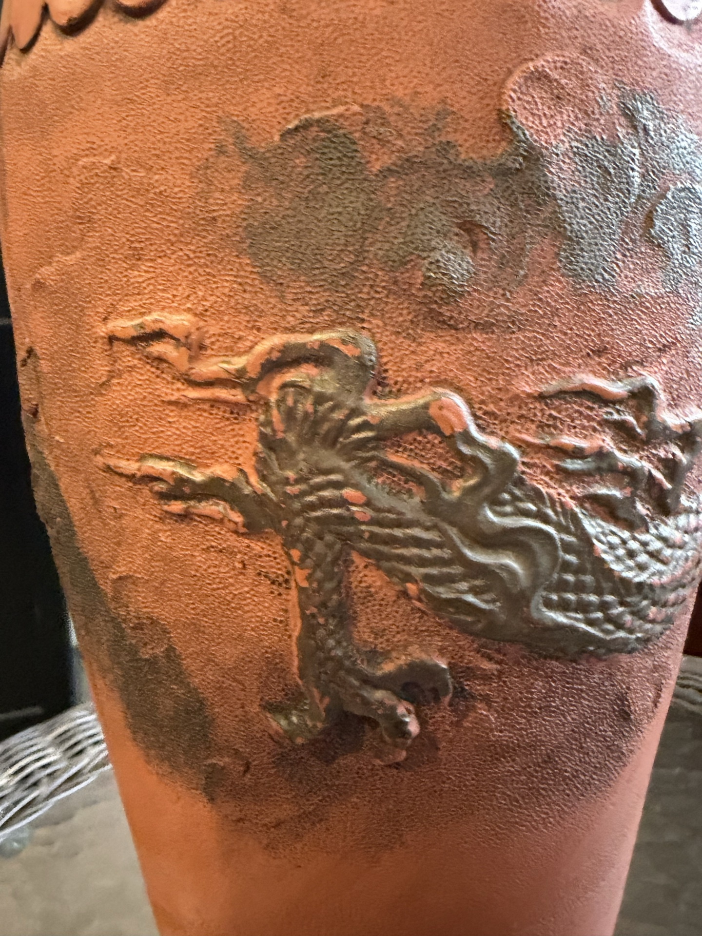 Terracotta vase with dragon relief on wooden stand - image 7 of 9
