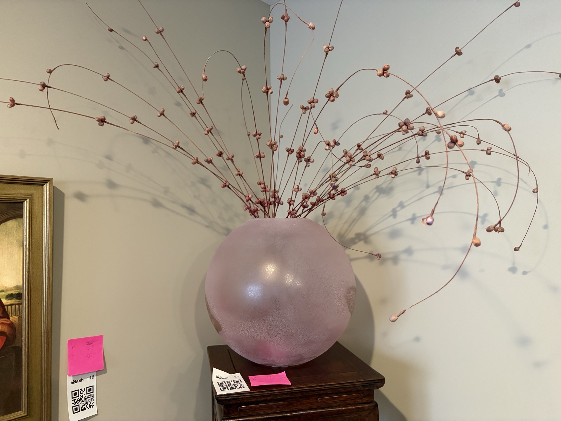 Pink frosted glass sphere vase with twig arrangement - image 4 of 4