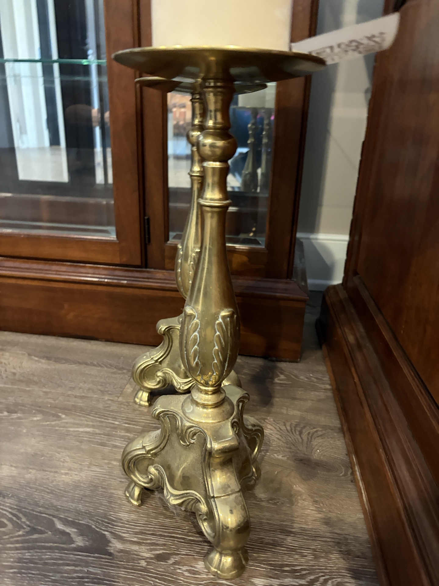 Pair of Ornate Brass Candlesticks with Candles - image 2 of 5