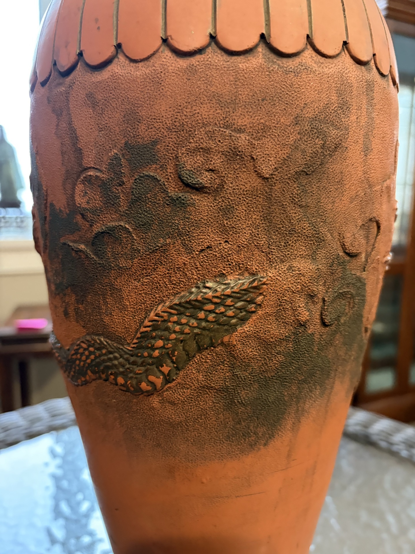 Terracotta vase with dragon relief on wooden stand - image 6 of 9