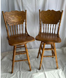Press Back Swiveling Oak Barstools, paintings horses on backs - thumbnail 1 of 7