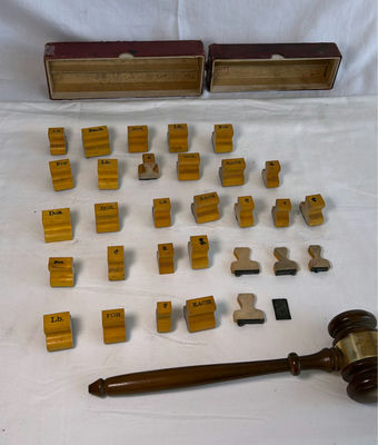 Gavel and vintage wooden stamping blocks with storage boxes - Image 1 of 5