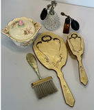 Vintage vanity set with mirrors, brush, porcelain dish, and perfume bottles - thumbnail 1 of 9
