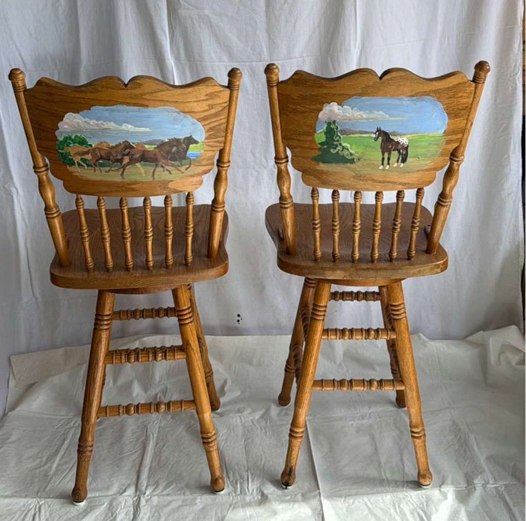Press Back Swiveling Oak Barstools, paintings horses on backs - image 2 of 7