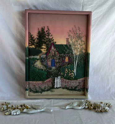 Pink-framed 3D cottage garden textile art with metal floral accents - Image 1 of 7