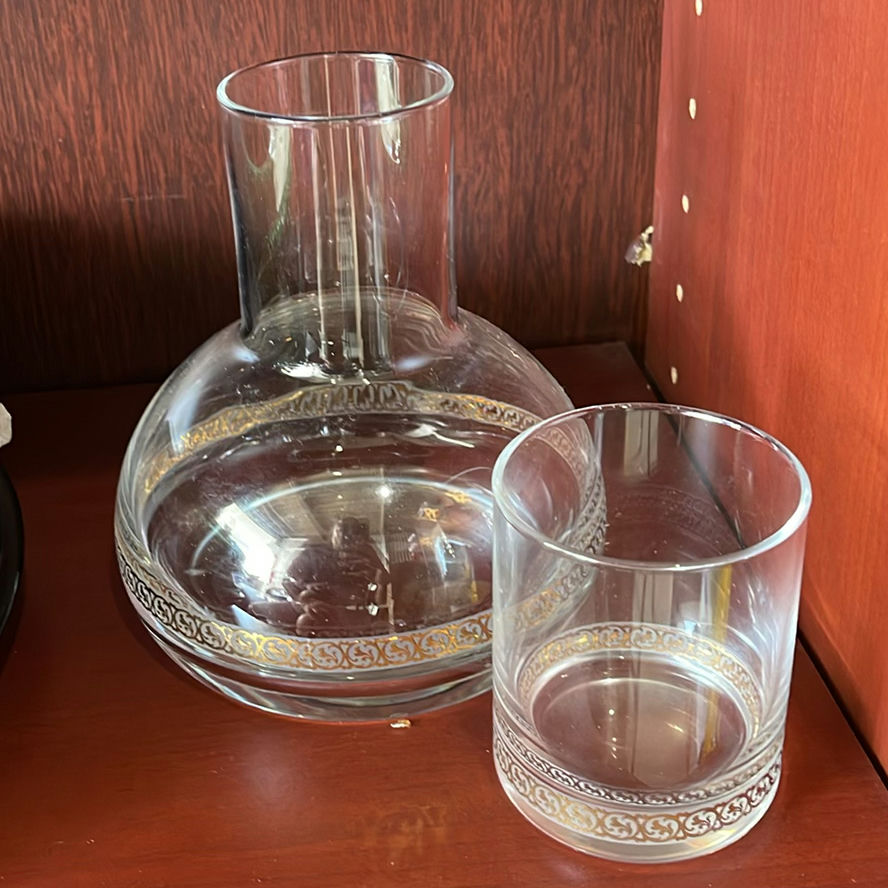Green Glass Chargers, Butter Dish, Waterford Candleholder, Carafe and Glass - image 10 of 13