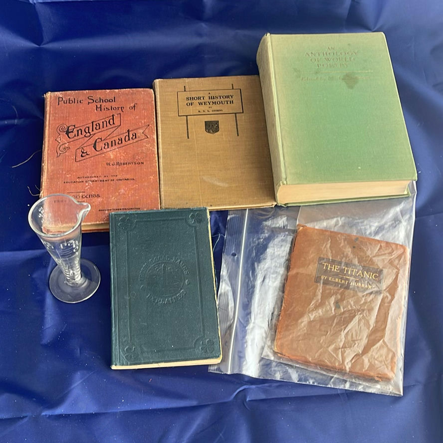 Antique Glass Measuring cup, Vintage Books including The Titanic - image 1 of 18