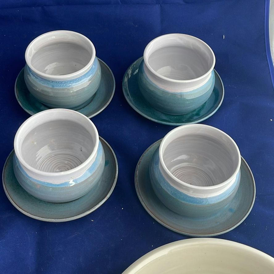 Pottery including small Blue Teapot and Soup Bowls with Underplates - image 8 of 18