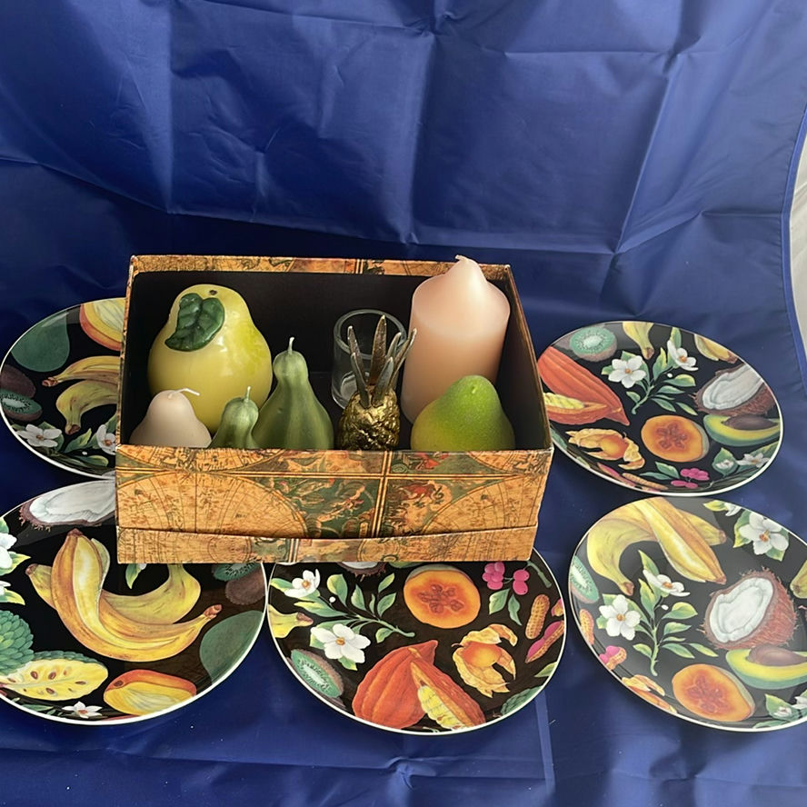 Pineapple Stand with Appetizer Forks, 6 Royal Vale Fruit Plates and Candles - image 1 of 10