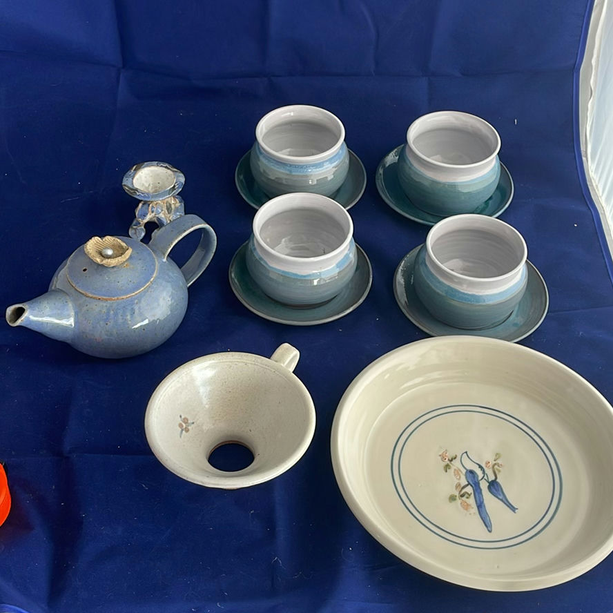 Pottery including small Blue Teapot and Soup Bowls with Underplates - image 2 of 18