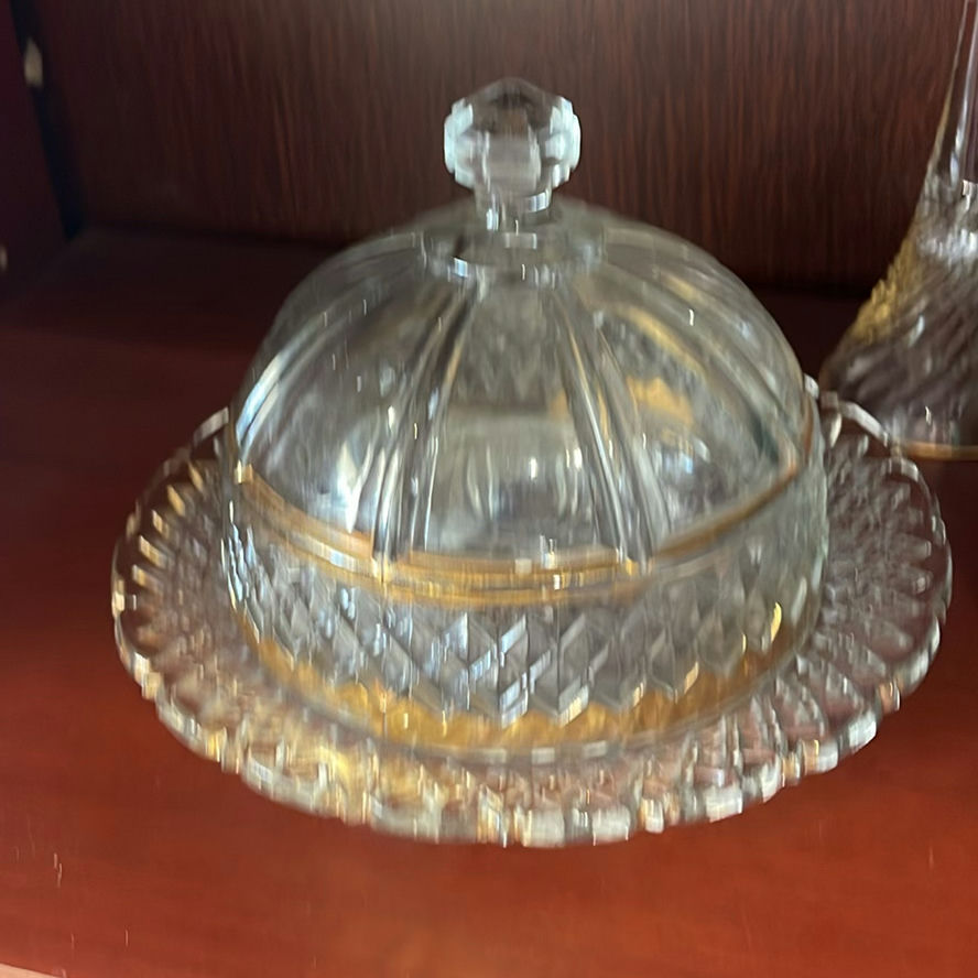 Green Glass Chargers, Butter Dish, Waterford Candleholder, Carafe and Glass - image 2 of 13
