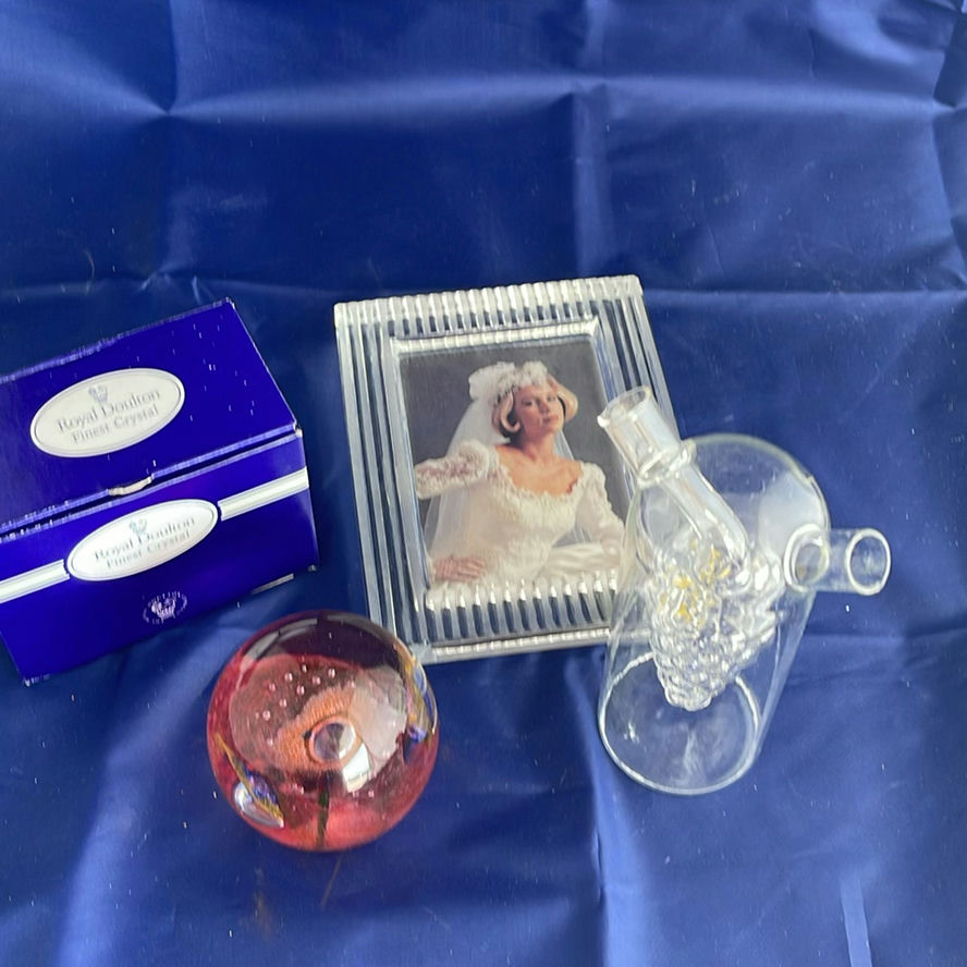 Helen Millard Glass Paperweight, Royal Doulton Crystal Trinket Box, Oil and Vinegar holder and Crystal Frame - image 1 of 13