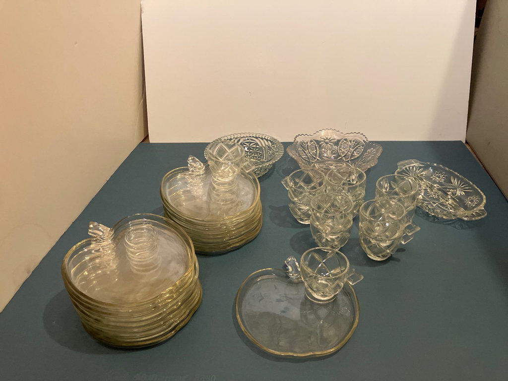 Clear etched glassware set with plates, bowls, lids, and cups - image 1 of 8