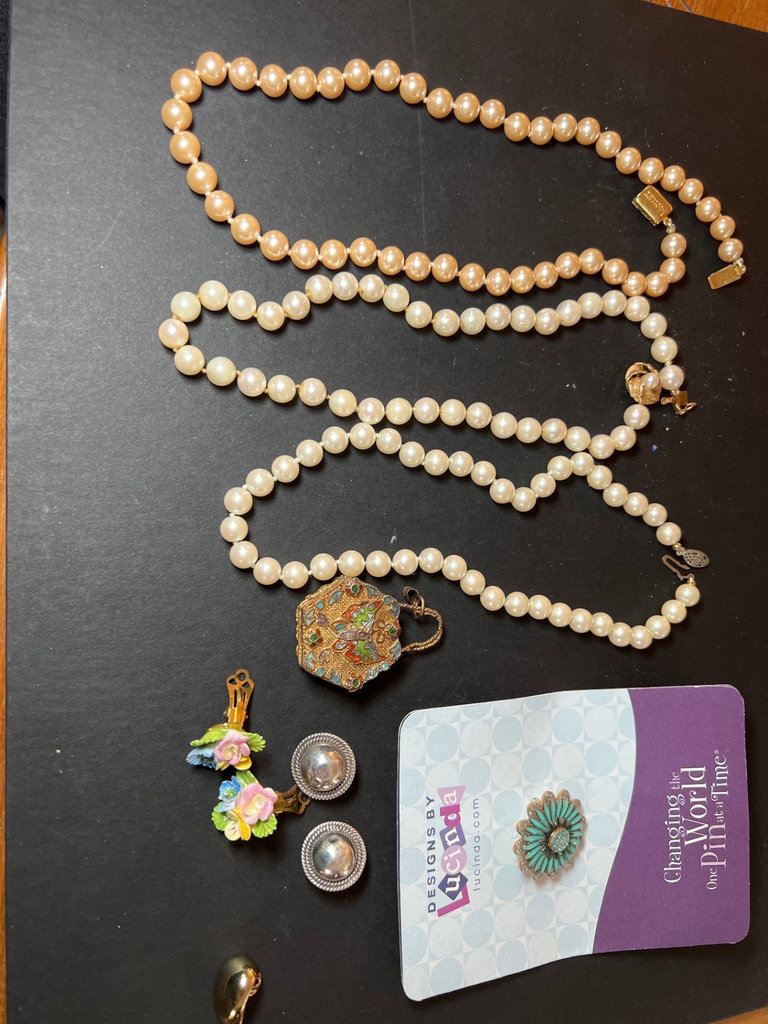 Vintage jewelry lot: Monet pearl necklace, enamel brooch, Lucinda pin, and floral earrings - image 1 of 9
