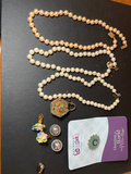 Vintage jewelry lot: Monet pearl necklace, enamel brooch, Lucinda pin, and floral earrings - thumbnail 1 of 9