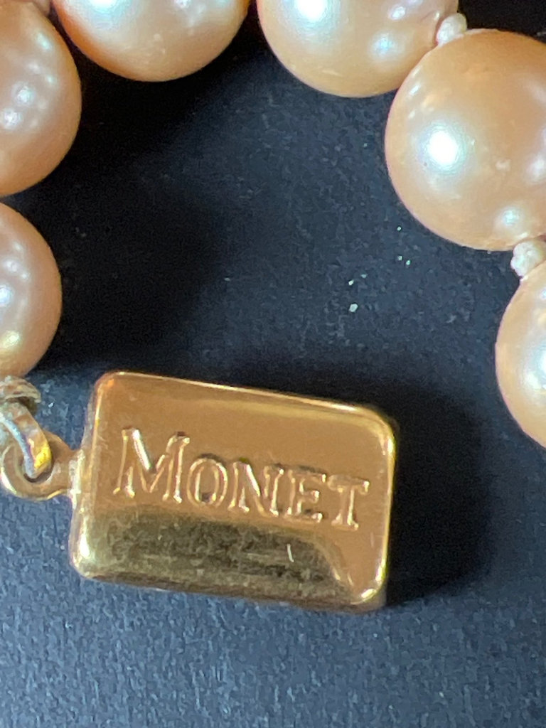 Vintage jewelry lot: Monet pearl necklace, enamel brooch, Lucinda pin, and floral earrings - image 8 of 9